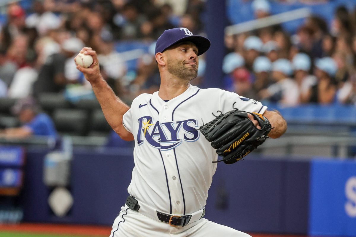 Apr 22, 2026; St. Petersburg, Florida, USA; Tampa Bay Rays pitcher Nick Martinez (28) throws during the first inning against the Cincinnati Reds at Tropicana Field. Mandatory Credit: Mike Watters-Imagn Images