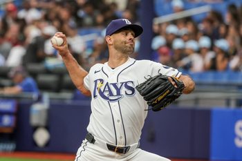 Apr 22, 2026; St. Petersburg, Florida, USA; Tampa Bay Rays pitcher Nick Martinez (28) throws during the first inning against the Cincinnati Reds at Tropicana Field. Mandatory Credit: Mike Watters-Imagn Images