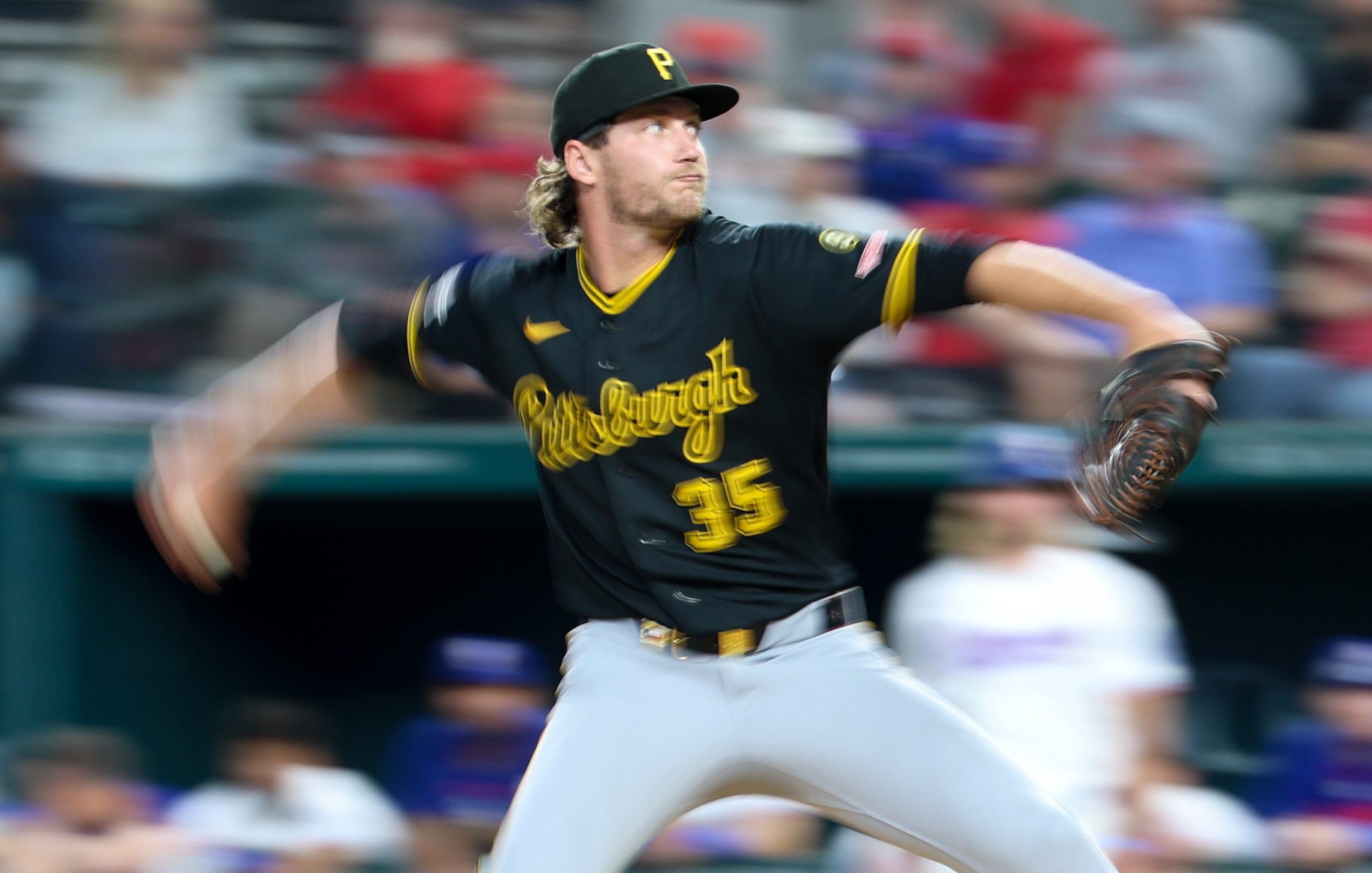 Apr 22, 2026; Arlington, Texas, USA;  Pittsburgh Pirates pitcher Braxton Ashcraft (35) throws during the first inning against the Texas Rangers at Globe Life Field. Mandatory Credit: Kevin Jairaj-Imagn Images