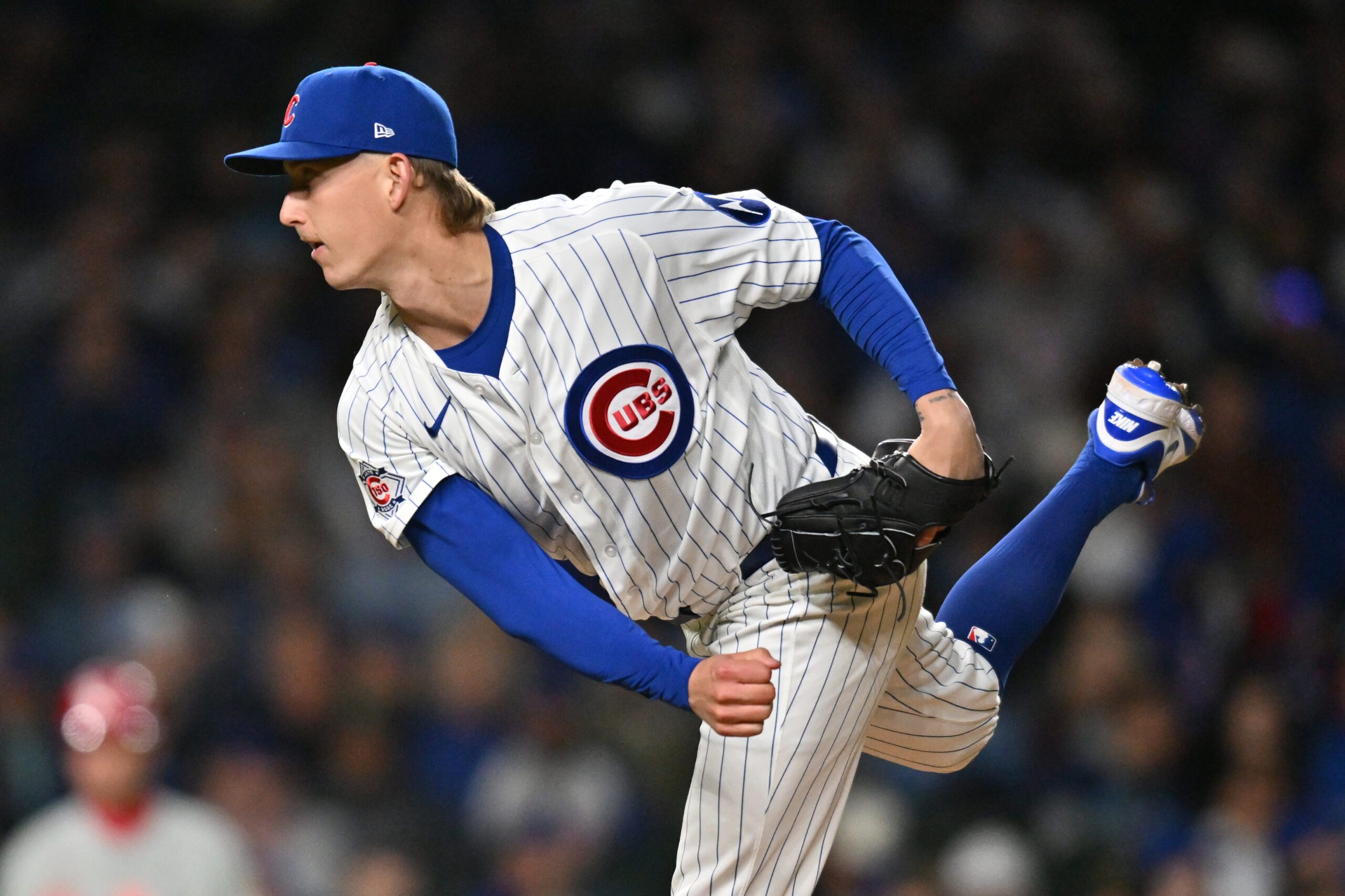 Apr 22, 2026; Chicago, Illinois, USA; Chicago Cubs pitcher Ben Brown (32) pitches against the Philadelphia Phillies during the fifth inning at Wrigley Field. Mandatory Credit: Patrick Gorski-Imagn Images
