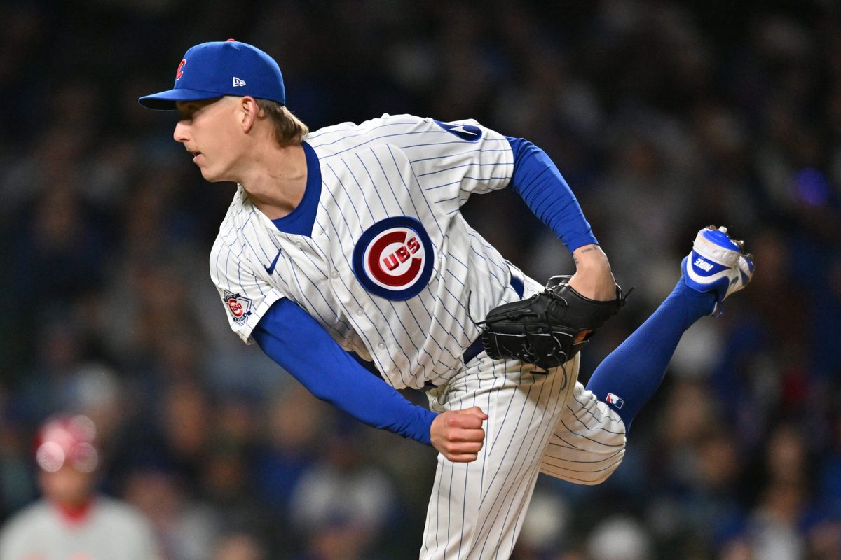 Apr 22, 2026; Chicago, Illinois, USA; Chicago Cubs pitcher Ben Brown (32) pitches against the Philadelphia Phillies during the fifth inning at Wrigley Field. Mandatory Credit: Patrick Gorski-Imagn Images
