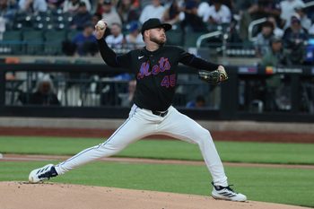 Apr 23, 2026; New York City, New York, USA;  New York Mets pitcher Christian Scott (45) delivers a pitch during the first inning against the Minnesota Twins at Citi Field. Mandatory Credit: Vincent Carchietta-Imagn Images