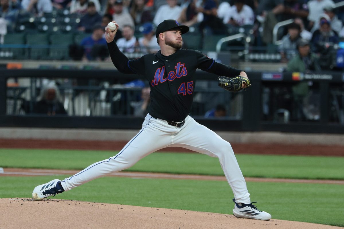 Apr 23, 2026; New York City, New York, USA; New York Mets pitcher Christian Scott (45) delivers a pitch during the first inning against the Minnesota Twins at Citi Field. Mandatory Credit: Vincent Carchietta-Imagn Images