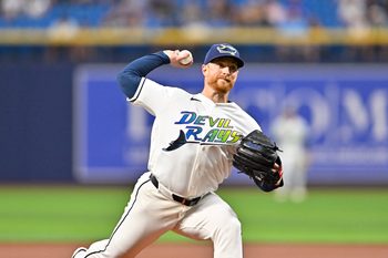 Apr 24, 2026; St. Petersburg, Florida, USA; Tampa Bay Rays pitcher Drew Rasmussen (57) throws a pitch during the first inning against the Minnesota Twins at Tropicana Field. Mandatory Credit: Pablo Robles-Imagn Images