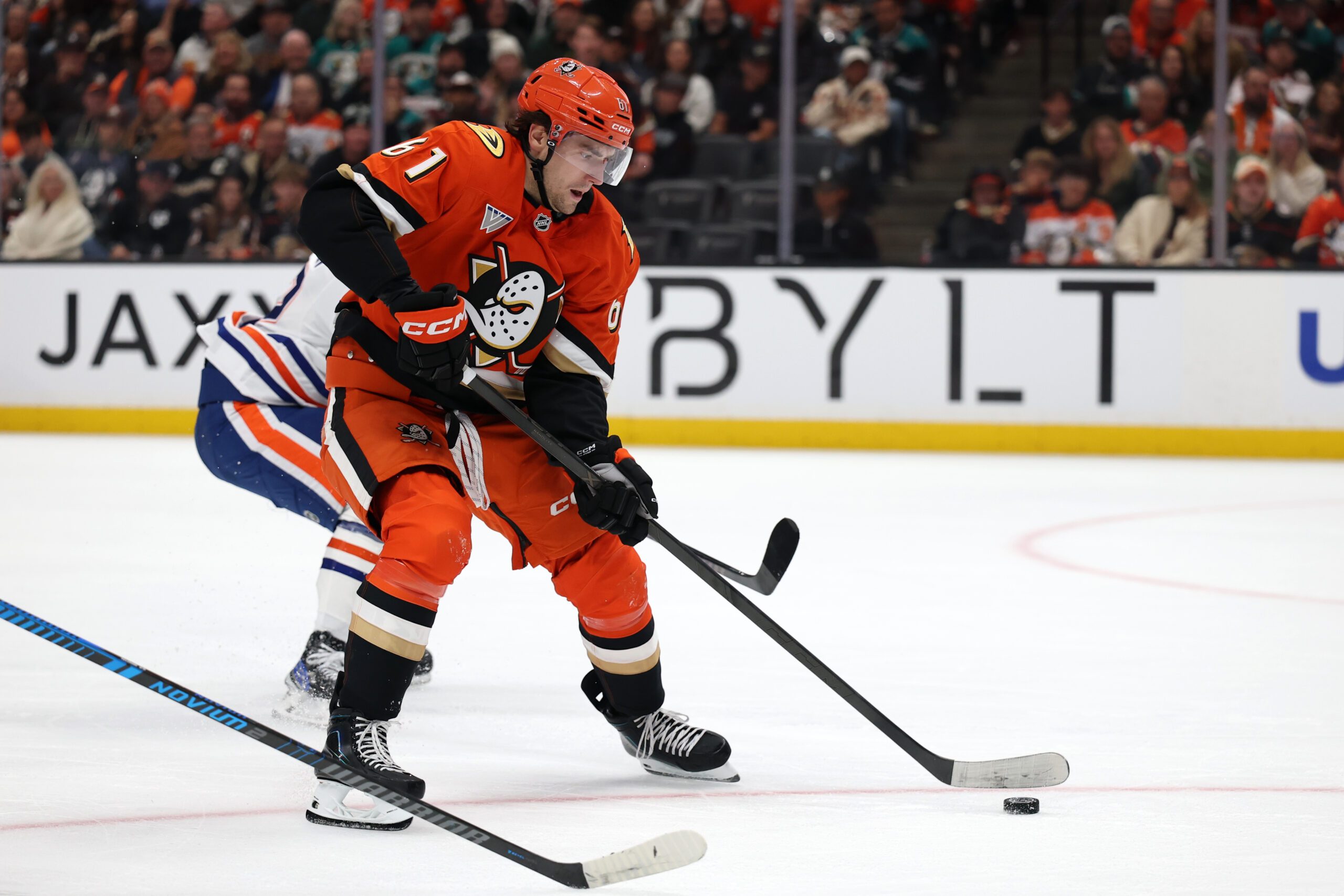 Apr 24, 2026; Anaheim, California, USA;  Anaheim Ducks left wing Cutter Gauthier (61) skates with the puck during the second period against the Edmonton Oilers in game three of the first round of the 2026 Stanley Cup Playoffs at Honda Center. Mandatory Credit: Kiyoshi Mio-Imagn Images