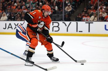 Apr 24, 2026; Anaheim, California, USA;  Anaheim Ducks left wing Cutter Gauthier (61) skates with the puck during the second period against the Edmonton Oilers in game three of the first round of the 2026 Stanley Cup Playoffs at Honda Center. Mandatory Credit: Kiyoshi Mio-Imagn Images