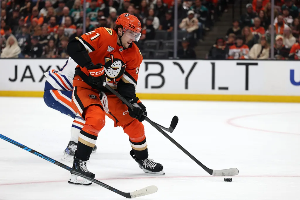 Apr 24, 2026; Anaheim, California, USA; Anaheim Ducks left wing Cutter Gauthier (61) skates with the puck during the second period against the Edmonton Oilers in game three of the first round of the 2026 Stanley Cup Playoffs at Honda Center. Mandatory Credit: Kiyoshi Mio-Imagn Images