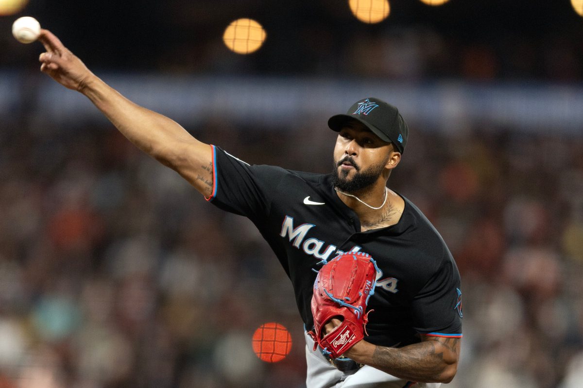 Apr 24, 2026; San Francisco, California, USA; Miami Marlins starting pitcher Sandy Alcantara (22) delivers a pitch against the San Francisco Giants during the sixth inning at Oracle Park. Mandatory Credit: D. Ross Cameron-Imagn Images
