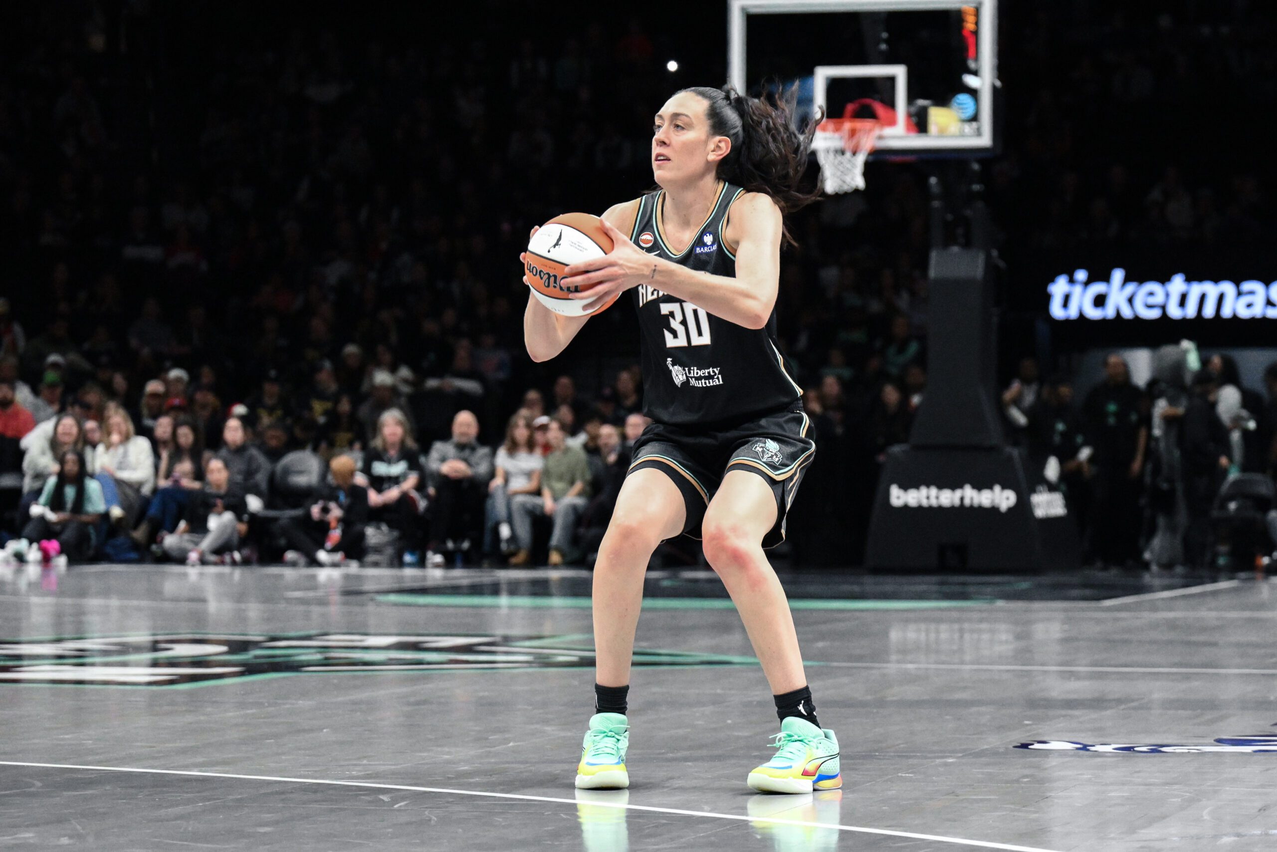 Apr 25, 2026; Brooklyn, NY, USA; New York Liberty forward Breanna Stewart (30) sets to shoot the ball against the Indiana Fever during the first half at Barclays Center. Mandatory Credit: John Jones-Imagn Images