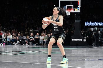 Apr 25, 2026; Brooklyn, NY, USA; New York Liberty forward Breanna Stewart (30) sets to shoot the ball against the Indiana Fever during the first half at Barclays Center. Mandatory Credit: John Jones-Imagn Images