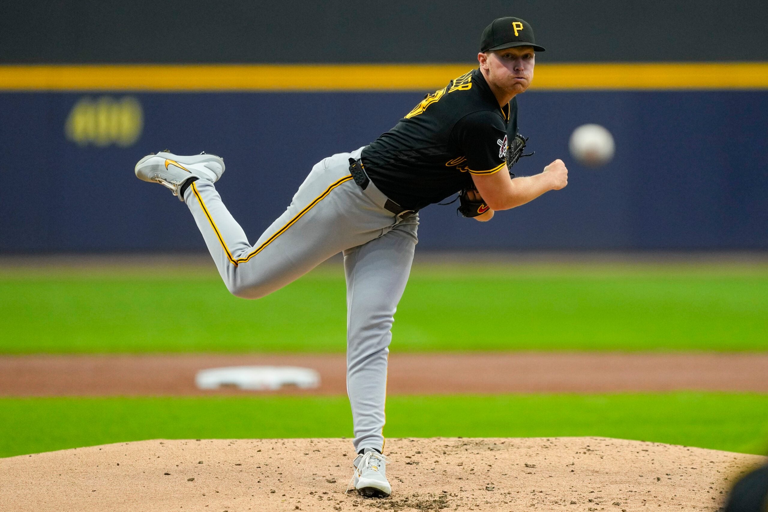 Apr 25, 2026; Milwaukee, Wisconsin, USA;  Pittsburgh Pirates pitcher Mitch Keller (23) throws a pitch during the second inning against the Milwaukee Brewers at American Family Field. Mandatory Credit: Jeff Hanisch-Imagn Images