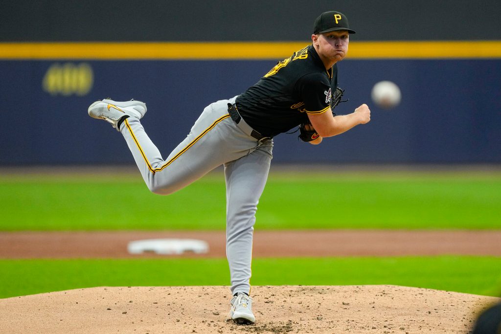 Apr 25, 2026; Milwaukee, Wisconsin, USA; Pittsburgh Pirates pitcher Mitch Keller (23) throws a pitch during the second inning against the Milwaukee Brewers at American Family Field. Mandatory Credit: Jeff Hanisch-Imagn Images