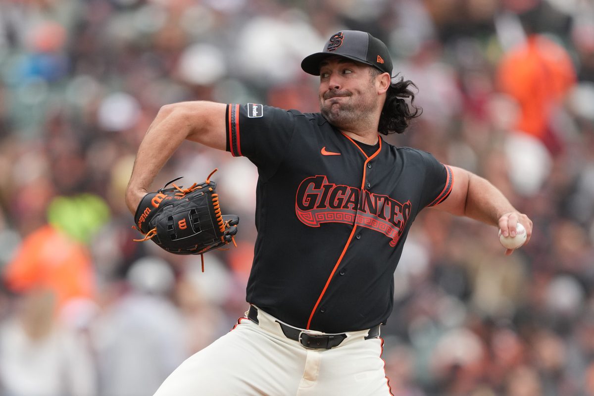 Apr 25, 2026; San Francisco, California, USA; San Francisco Giants starting pitcher Robbie Ray (38) throws a pitch against the Miami Marlins during the first inning at Oracle Park. Mandatory Credit: Darren Yamashita-Imagn Images