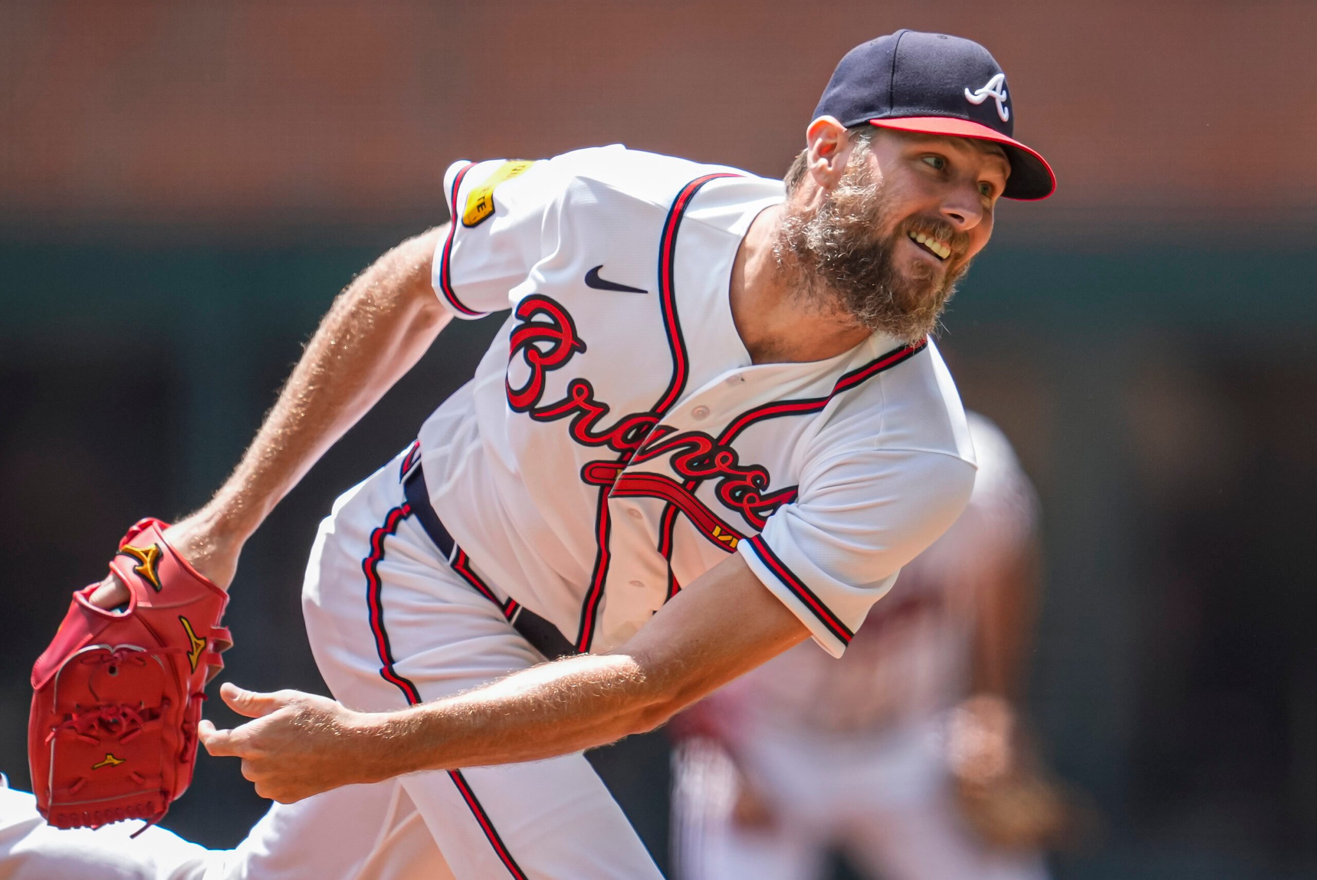 Apr 26, 2026; Cumberland, Georgia, USA; Atlanta Braves pitcher Chris Sale (51) pitches against the Philadelphia Phillies during the first inning at Truist Park. Mandatory Credit: Dale Zanine-Imagn Images