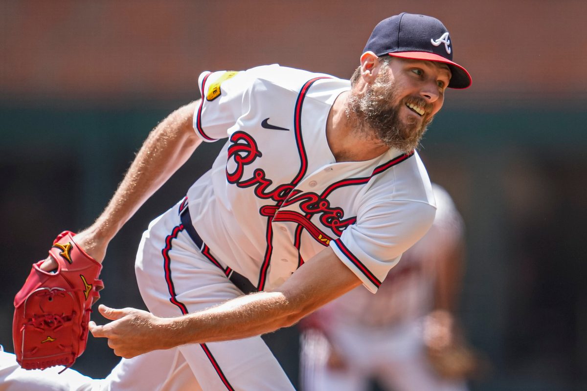 Apr 26, 2026; Cumberland, Georgia, USA; Atlanta Braves pitcher Chris Sale (51) pitches against the Philadelphia Phillies during the first inning at Truist Park. Mandatory Credit: Dale Zanine-Imagn Images