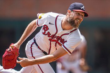 Apr 26, 2026; Cumberland, Georgia, USA; Atlanta Braves pitcher Chris Sale (51) pitches against the Philadelphia Phillies during the first inning at Truist Park. Mandatory Credit: Dale Zanine-Imagn Images