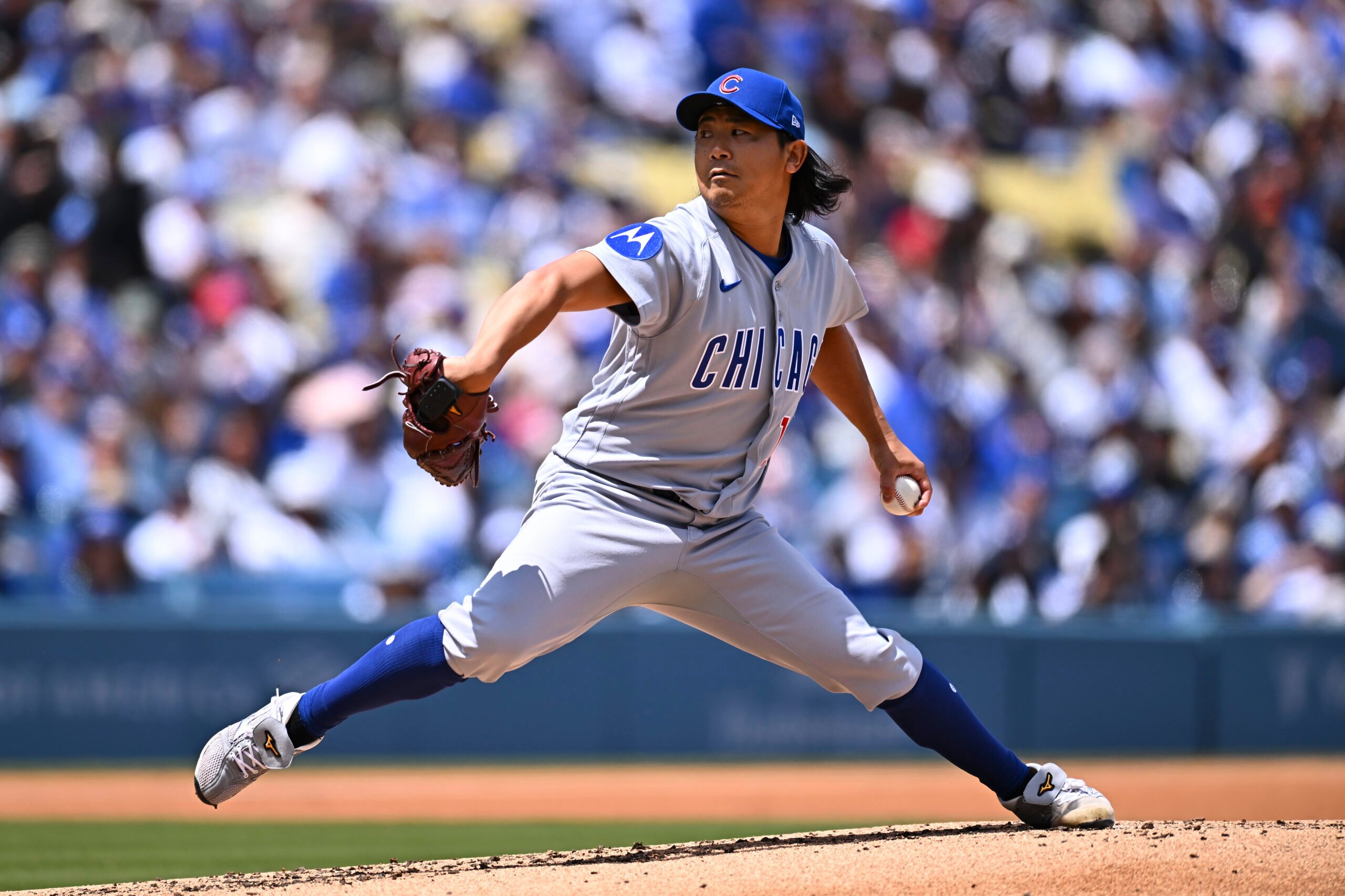 Apr 26, 2026; Los Angeles, California, USA; Chicago Cubs pitcher Shota Imanaga (18) pitches against the Los Angeles Dodgers in the first inning at Dodger Stadium. Mandatory Credit: Jonathan Hui-Imagn Images