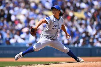 Apr 26, 2026; Los Angeles, California, USA; Chicago Cubs pitcher Shota Imanaga (18) pitches against the Los Angeles Dodgers in the first inning at Dodger Stadium. Mandatory Credit: Jonathan Hui-Imagn Images