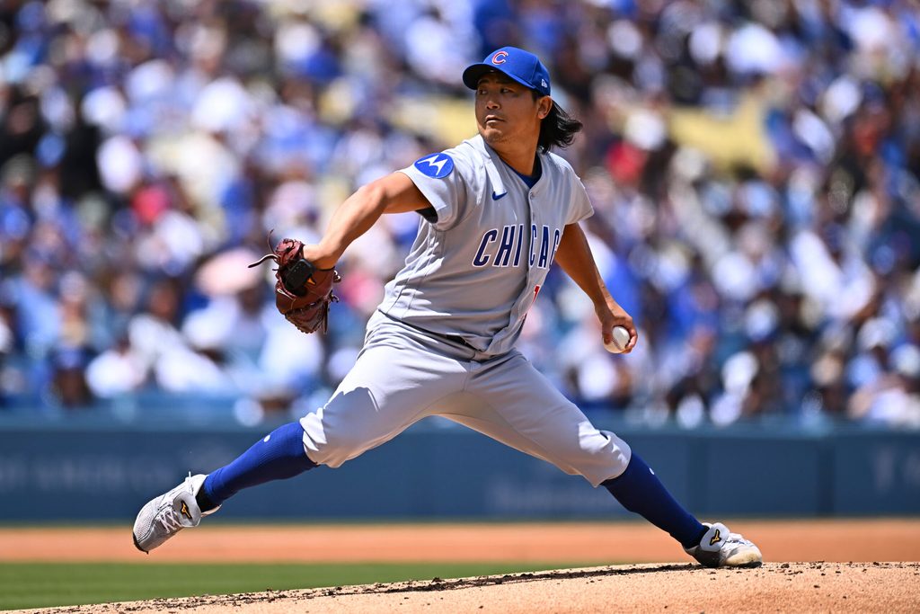 Apr 26, 2026; Los Angeles, California, USA; Chicago Cubs pitcher Shota Imanaga (18) pitches against the Los Angeles Dodgers in the first inning at Dodger Stadium. Mandatory Credit: Jonathan Hui-Imagn Images