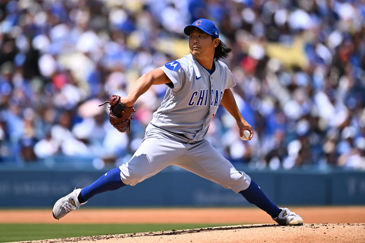Apr 26, 2026; Los Angeles, California, USA; Chicago Cubs pitcher Shota Imanaga (18) pitches against the Los Angeles Dodgers in the first inning at Dodger Stadium. Mandatory Credit: Jonathan Hui-Imagn Images