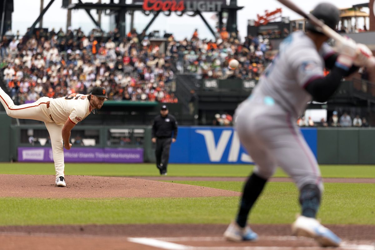 Apr 26, 2026; San Francisco, California, USA; San Francisco Giants starting pitcher Landen Roupp (65) delivers a pitch against the Miami Marlins during the first inning at Oracle Park. Mandatory Credit: D. Ross Cameron-Imagn Images