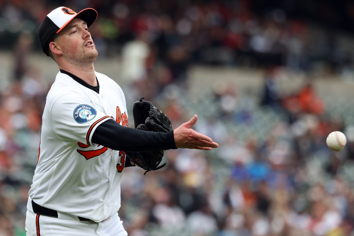 Apr 26, 2026; Baltimore, Maryland, USA; Baltimore Orioles pitcher Kyle Bradish (38) throws to first for an out during the second inning against the Boston Red Sox at Oriole Park at Camden Yards. Mandatory Credit: Daniel Kucin Jr.-Imagn Images