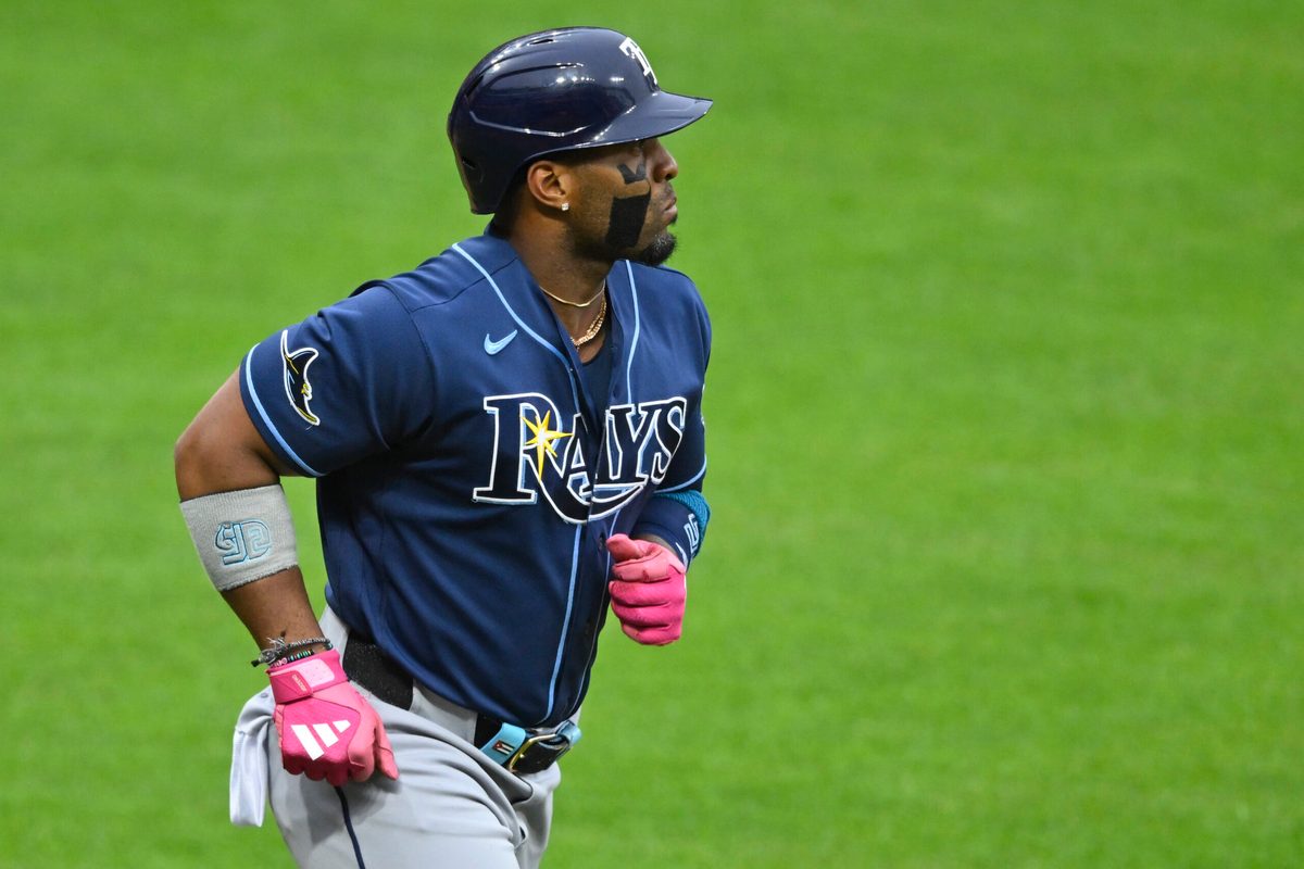 Apr 27, 2026; Cleveland, Ohio, USA; Tampa Bay Rays first baseman Yandy Diaz (2) jogs to first base after walking in the sixth inning against the Cleveland Guardians at Progressive Field. Mandatory Credit: David Richard-Imagn Images