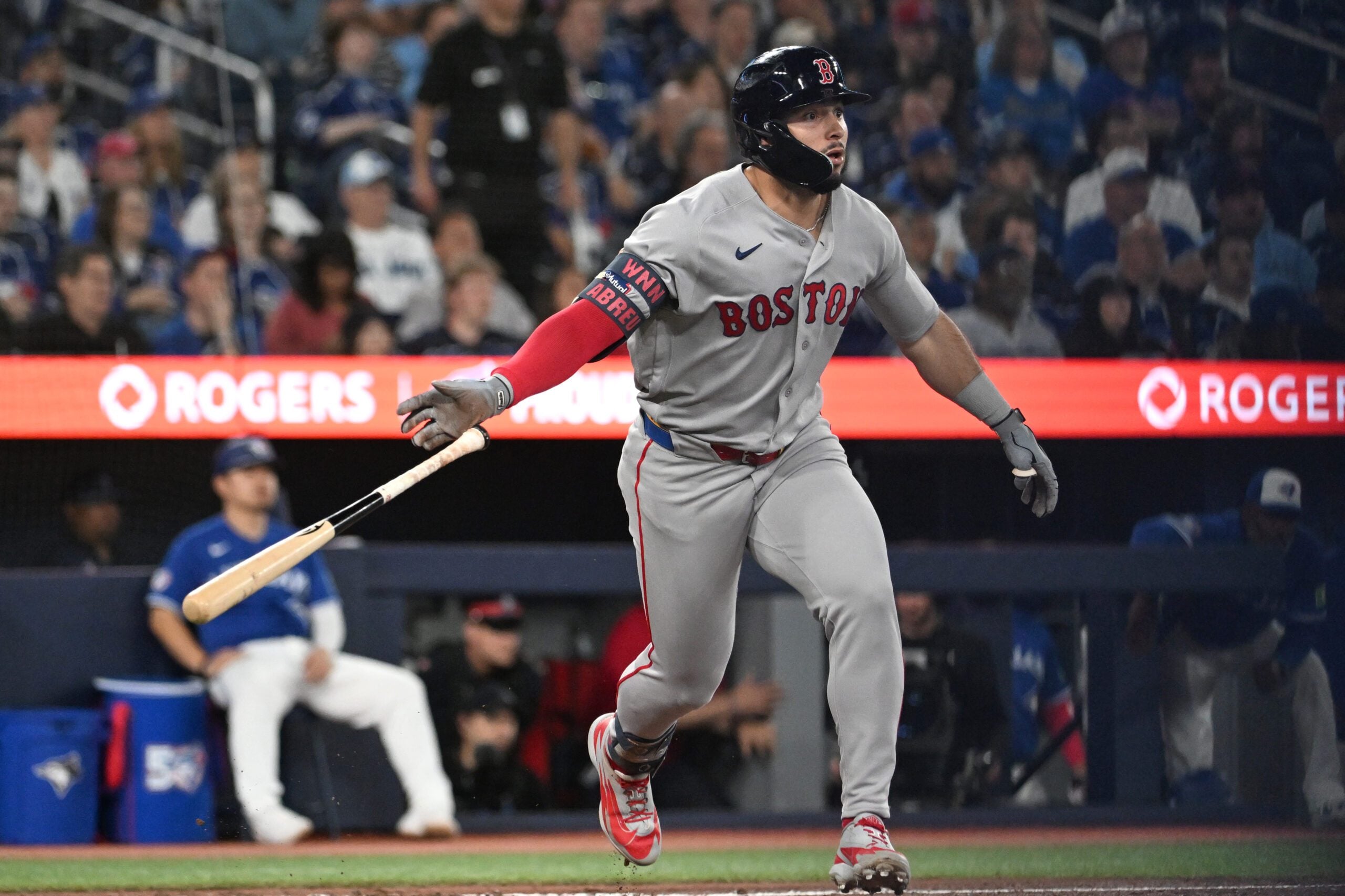 Apr 27, 2026; Toronto, Ontario, CAN;  Boston Red Sox  right fielder Wilyer Abreu (52) hits an RBI double against the Toronto Blue Jays in the fifth inning at Rogers Centre. Mandatory Credit: Dan Hamilton-Imagn Images