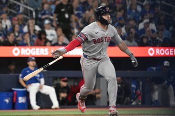 Apr 27, 2026; Toronto, Ontario, CAN;  Boston Red Sox  right fielder Wilyer Abreu (52) hits an RBI double against the Toronto Blue Jays in the fifth inning at Rogers Centre. Mandatory Credit: Dan Hamilton-Imagn Images