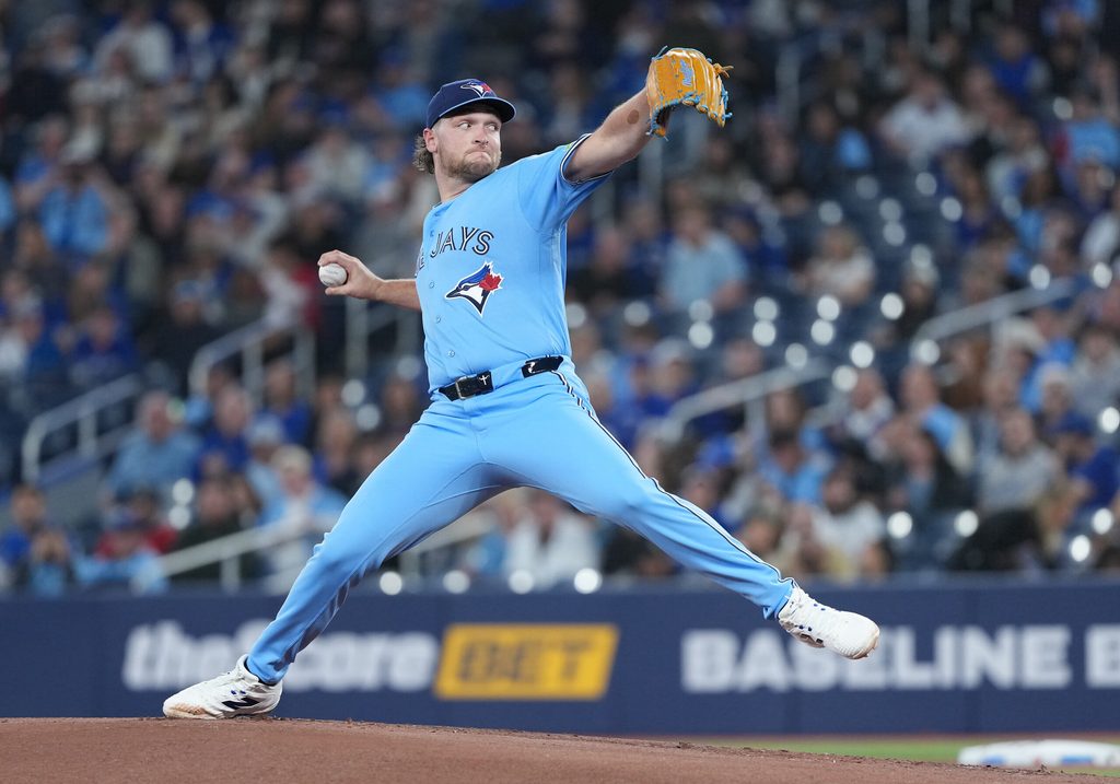 Apr 28, 2026; Toronto, Ontario, CAN; Toronto Blue Jays starting pitcher Trey Yesavage (34) throws a pitch against the Boston Red Sox during the first inning at Rogers Centre. Mandatory Credit: Nick Turchiaro-Imagn Images