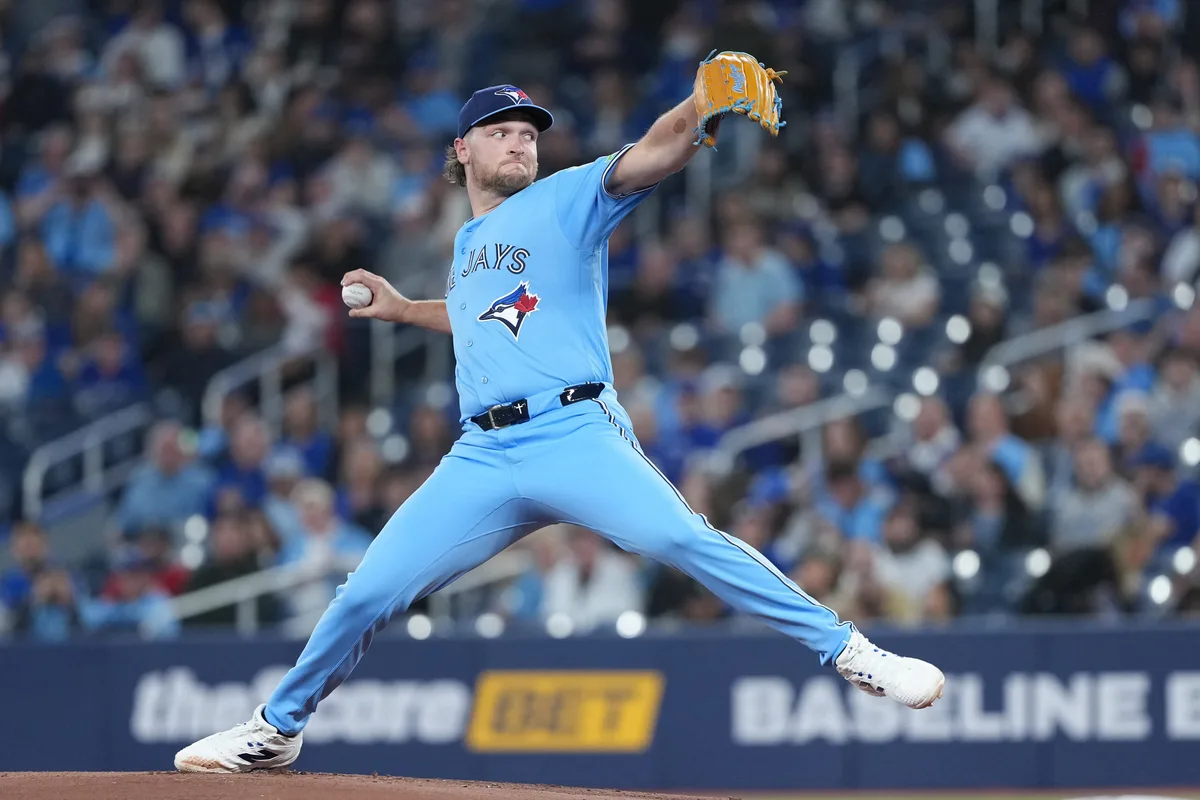 Apr 28, 2026; Toronto, Ontario, CAN; Toronto Blue Jays starting pitcher Trey Yesavage (34) throws a pitch against the Boston Red Sox during the first inning at Rogers Centre. Mandatory Credit: Nick Turchiaro-Imagn Images