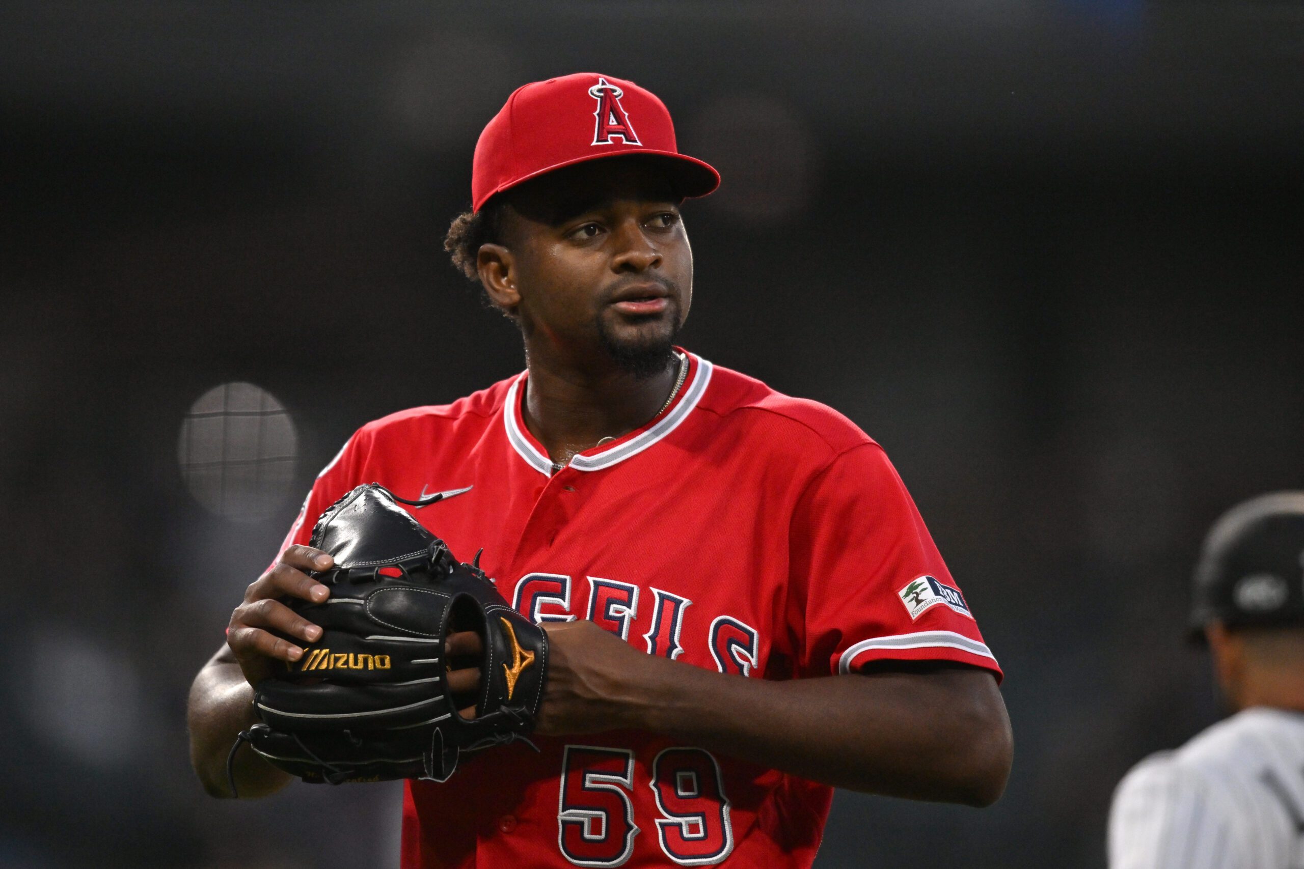 Apr 28, 2026; Chicago, Illinois, USA; Los Angeles Angels pitcher Jose Soriano (59) walks back to the dugout after ending the the third inning with bases loaded against the Chicago White Sox at Rate Field. Mandatory Credit: Patrick Gorski-Imagn Images