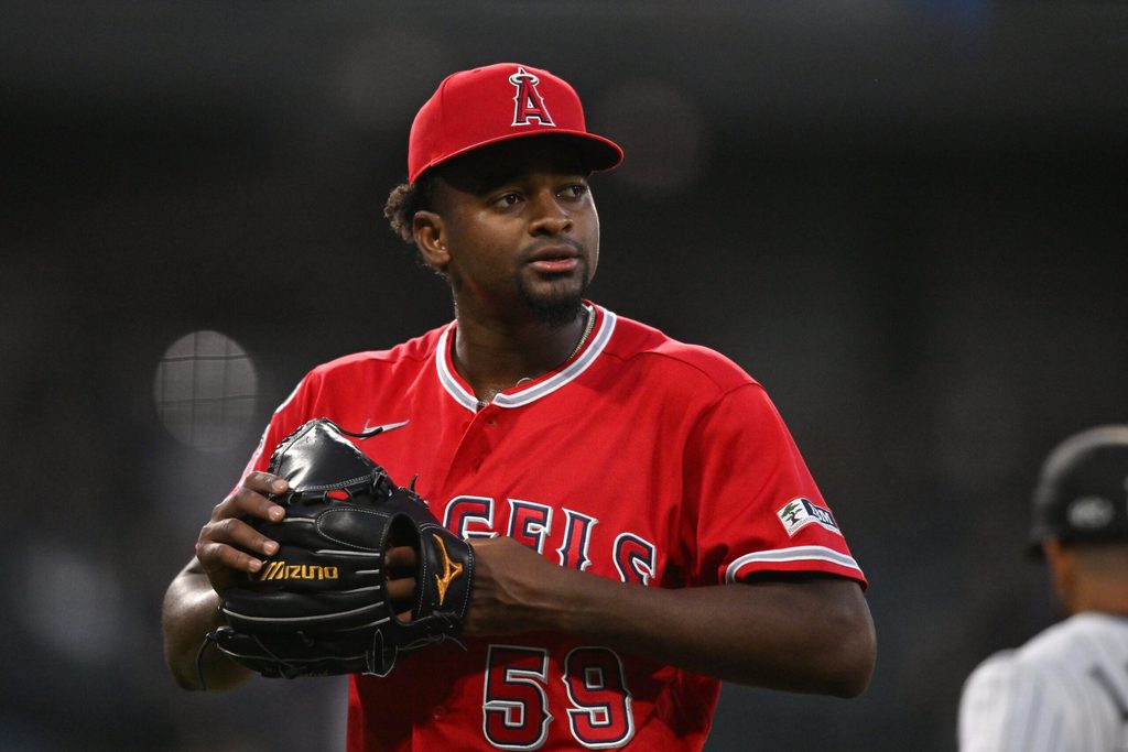 Apr 28, 2026; Chicago, Illinois, USA; Los Angeles Angels pitcher Jose Soriano (59) walks back to the dugout after ending the the third inning with bases loaded against the Chicago White Sox at Rate Field. Mandatory Credit: Patrick Gorski-Imagn Images