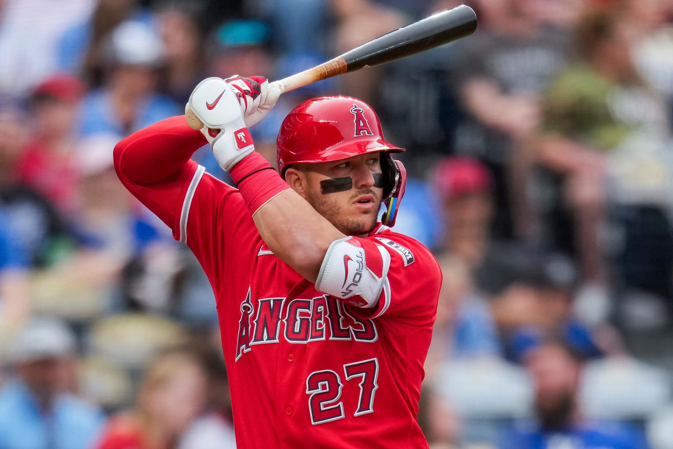 Apr 25, 2026; Kansas City, Missouri, USA; Los Angeles Angels right fielder Mike Trout (27) bats during the first inning against the Kansas City Royals at Kauffman Stadium. Mandatory Credit: Jay Biggerstaff-Imagn Images
