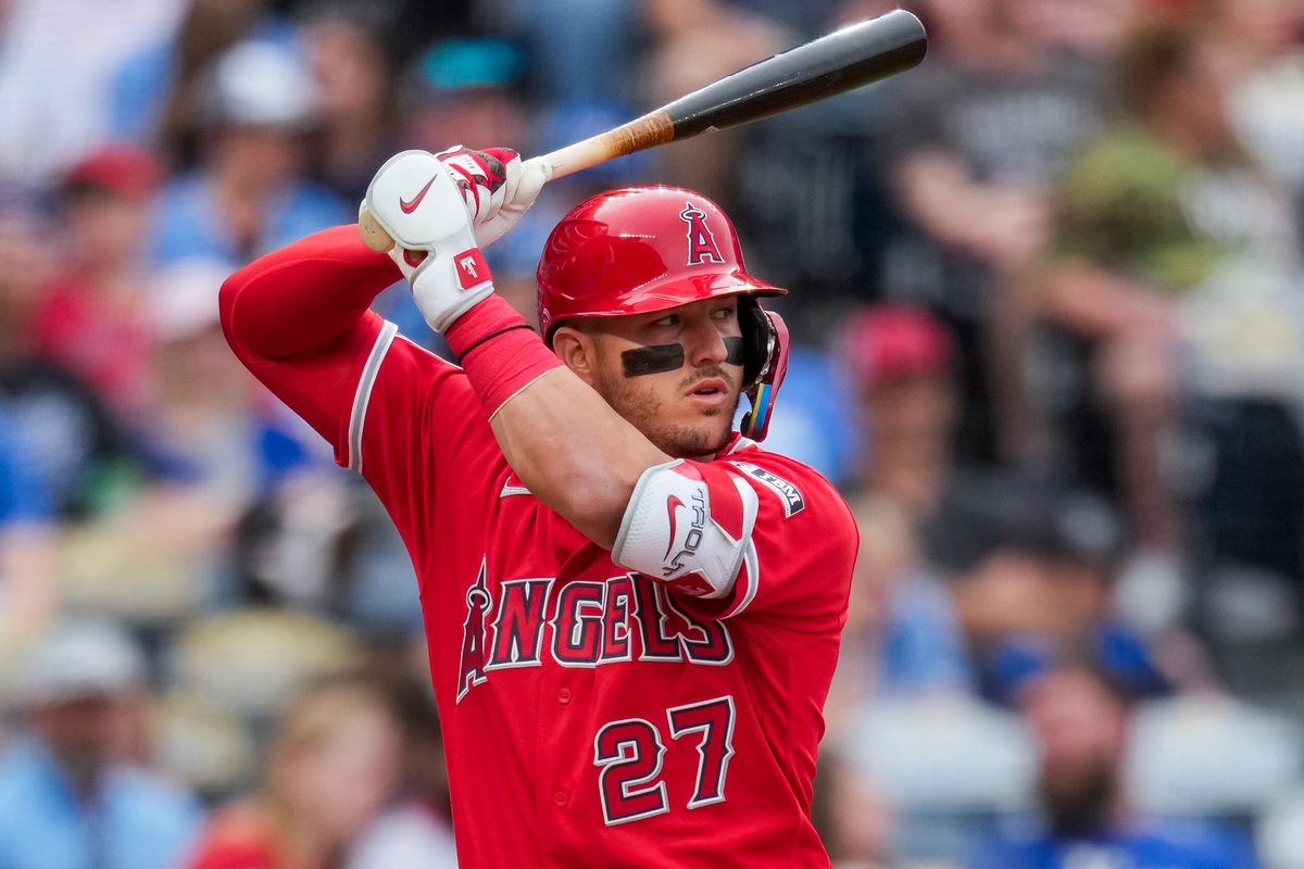 Apr 25, 2026; Kansas City, Missouri, USA; Los Angeles Angels right fielder Mike Trout (27) bats during the first inning against the Kansas City Royals at Kauffman Stadium. Mandatory Credit: Jay Biggerstaff-Imagn Images