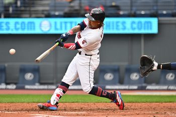 Apr 29, 2026; Cleveland, Ohio, USA; Cleveland Guardians designated hitter Jose Ramirez (11) hits a double during the seventh inning against the Tampa Bay Rays at Progressive Field. Mandatory Credit: Ken Blaze-Imagn Images
