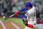 Apr 29, 2026; New York City, New York, USA; New York Mets designated hitter Juan Soto (22) hits a solo home run against the Washington Nationals during the third inning at Citi Field. Mandatory Credit: Brad Penner-Imagn Images