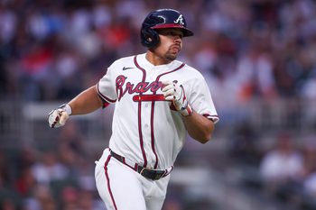 Apr 29, 2026; Atlanta, Georgia, USA; Atlanta Braves designated hitter Drake Baldwin (30) hits a single against the Detroit Tigers in the third inning at Truist Park. Mandatory Credit: Brett Davis-Imagn Images