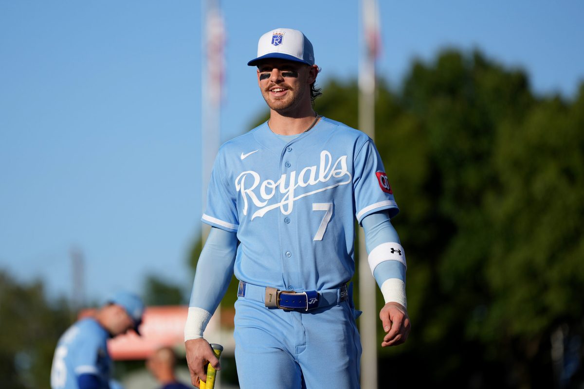 Apr 29, 2026; West Sacramento, California, USA; Kansas City Royals shortstop Bobby Witt Jr. (7) walks on the field before the start of the game against the Athletics at Sutter Health Park. Mandatory Credit: Cary Edmondson-Imagn Images
