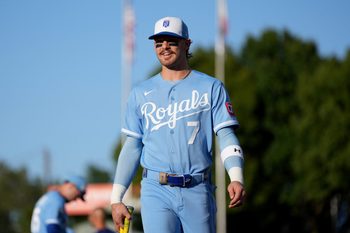 Apr 29, 2026; West Sacramento, California, USA; Kansas City Royals shortstop Bobby Witt Jr. (7) walks on the field before the start of the game against the Athletics at Sutter Health Park. Mandatory Credit: Cary Edmondson-Imagn Images