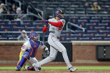 Apr 29, 2026; New York City, New York, USA; Washington Nationals designated hitter James Wood (29) follows through on a two run double against the New York Mets during the seventh inning at Citi Field. Mandatory Credit: Brad Penner-Imagn Images