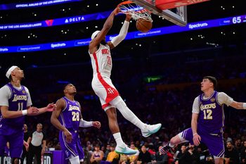 Apr 29, 2026; Los Angeles, California, USA; Houston Rockets guard Josh Okogie (20) dunks for the basket against the Los Angeles Lakers during the second half in game five of the first round of the 2026 NBA Playoffs at Crypto.com Arena. Mandatory Credit: Gary A. Vasquez-Imagn Images