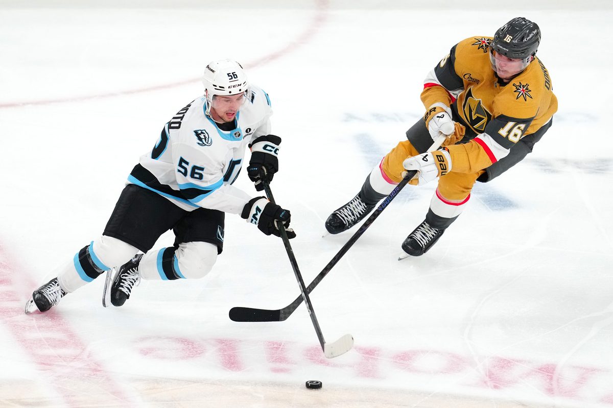 Apr 29, 2026; Las Vegas, Nevada, USA; Utah Mammoth right wing Kailer Yamamoto (56) skates around Vegas Golden Knights right wing Pavel Dorofeyev (16) during the first overtime period of game five of the first round of the 2026 Stanley Cup Playoffs at T-Mobile Arena. Mandatory Credit: Stephen R. Sylvanie-Imagn Images