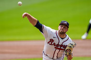 Apr 30, 2026; Cumberland, Georgia, USA; Atlanta Braves pitcher Bryce Elder (55) pitches against the Detroit Tigers during the first inning at Truist Park. Mandatory Credit: Dale Zanine-Imagn Images