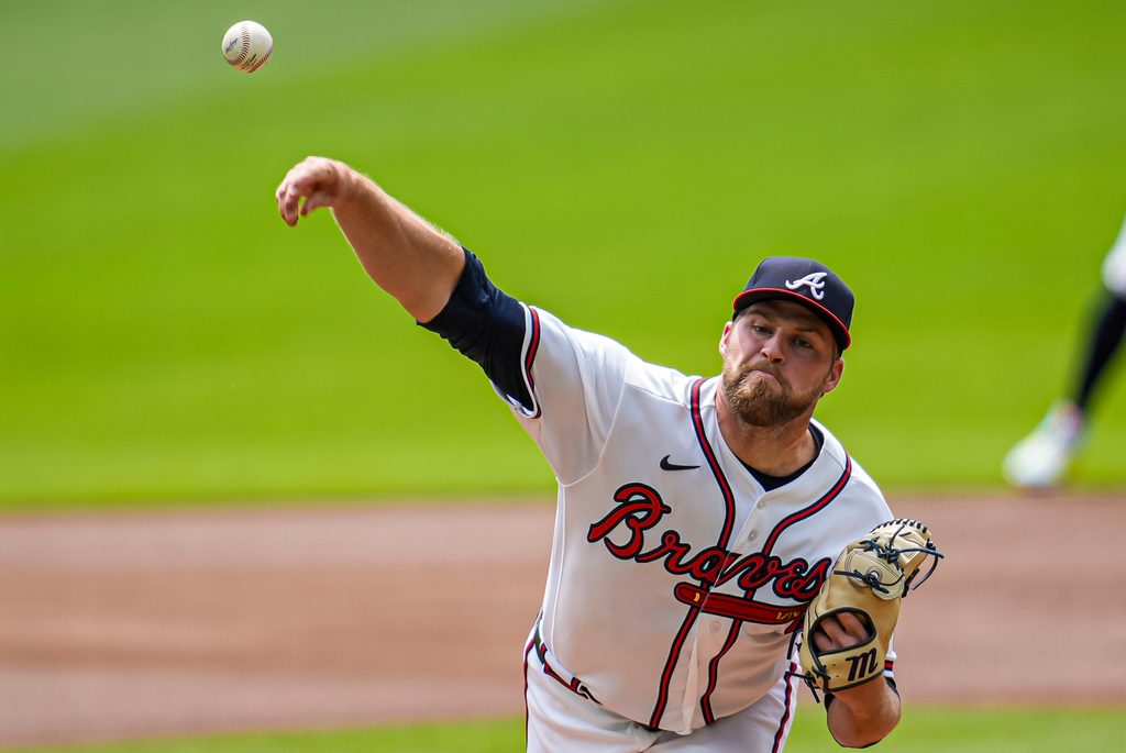 Apr 30, 2026; Cumberland, Georgia, USA; Atlanta Braves pitcher Bryce Elder (55) pitches against the Detroit Tigers during the first inning at Truist Park. Mandatory Credit: Dale Zanine-Imagn Images