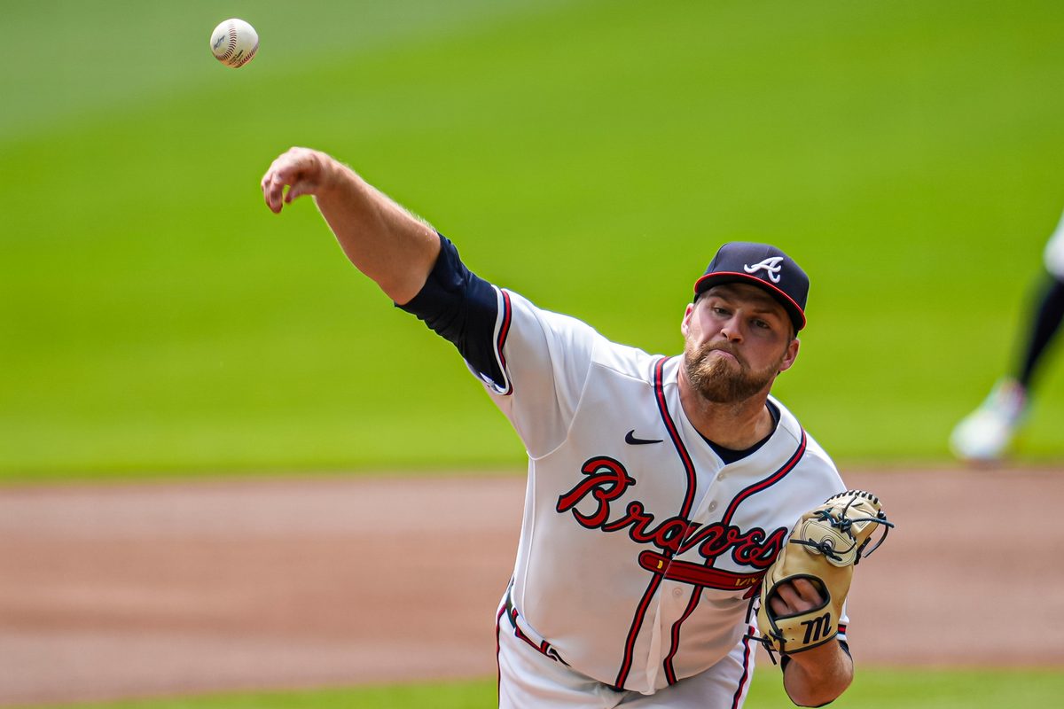 Apr 30, 2026; Cumberland, Georgia, USA; Atlanta Braves pitcher Bryce Elder (55) pitches against the Detroit Tigers during the first inning at Truist Park. Mandatory Credit: Dale Zanine-Imagn Images