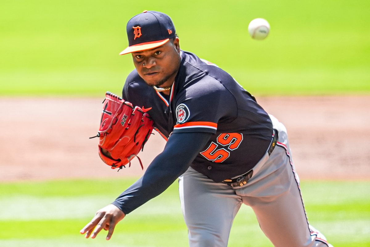 Apr 30, 2026; Cumberland, Georgia, USA; Detroit Tigers pitcher Framber Valdez (59) pitches against the Atlanta Braves during the first inning at Truist Park. Mandatory Credit: Dale Zanine-Imagn Images