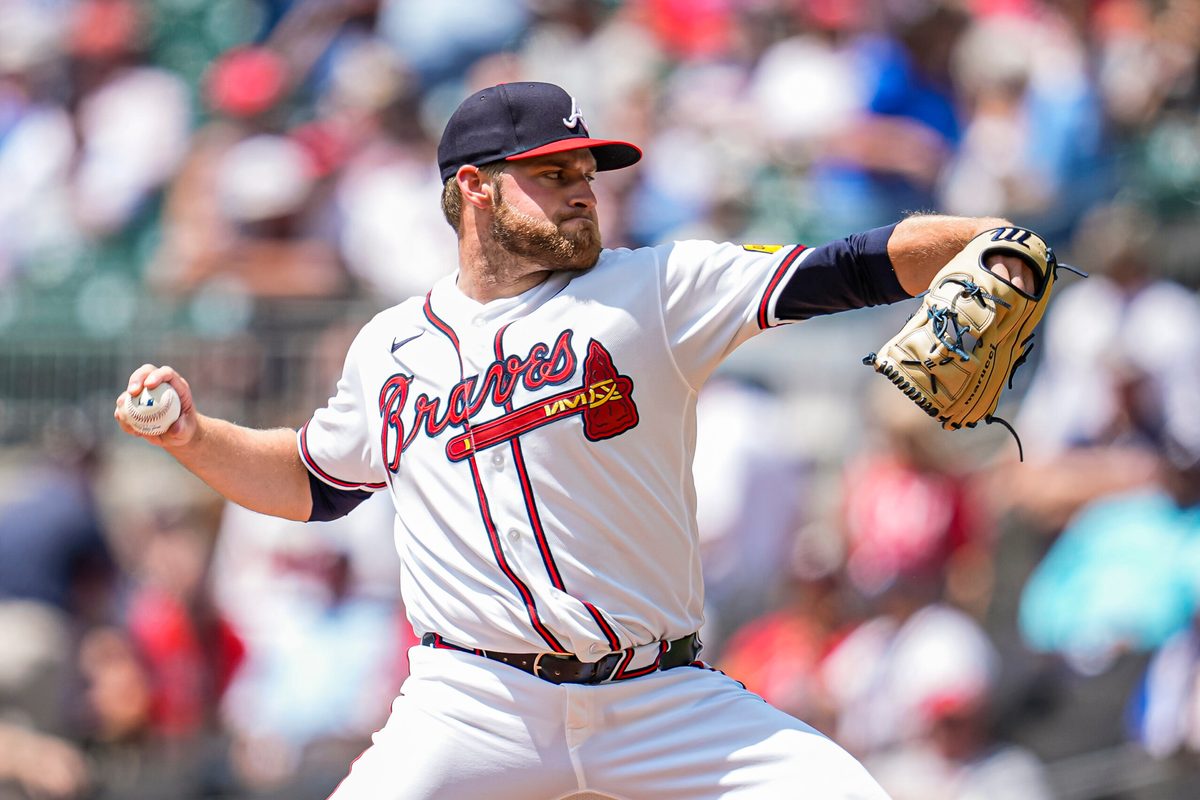 Apr 30, 2026; Cumberland, Georgia, USA; Atlanta Braves pitcher Bryce Elder (55) pitches against the Detroit Tigers during the second inning at Truist Park. Mandatory Credit: Dale Zanine-Imagn Images