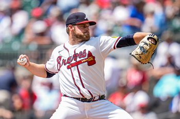 Apr 30, 2026; Cumberland, Georgia, USA; Atlanta Braves pitcher Bryce Elder (55) pitches against the Detroit Tigers during the second inning at Truist Park. Mandatory Credit: Dale Zanine-Imagn Images
