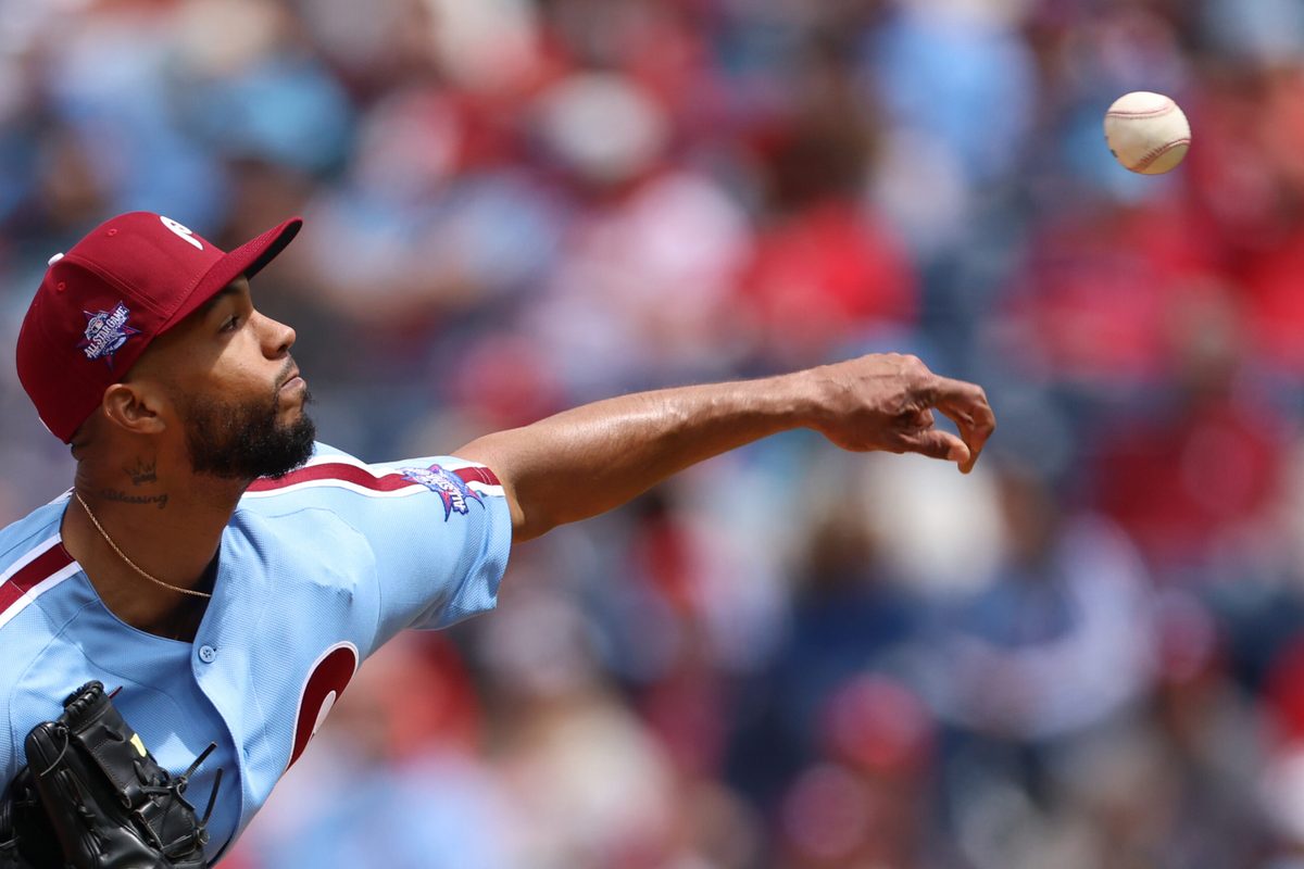 Apr 30, 2026; Philadelphia, Pennsylvania, USA; Philadelphia Phillies pitcher Cristopher Sanchez (61) throws a pitch against the San Francisco Giants at Citizens Bank Park. Mandatory Credit: Bill Streicher-Imagn Images